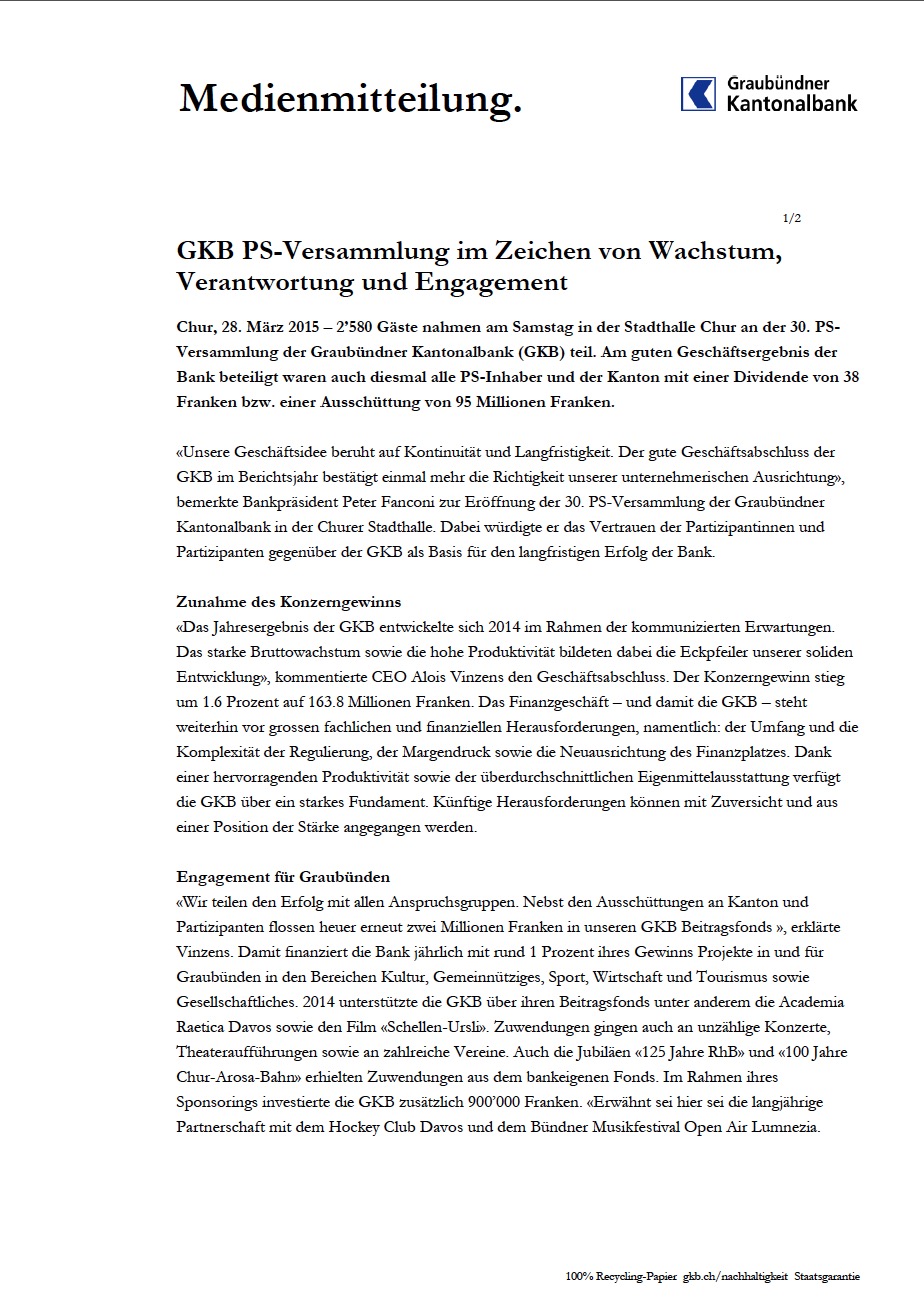 Medienmitteilung GKB, PS-Versammlung, 28.3.2015